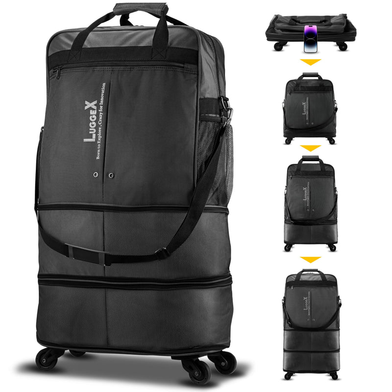 LUGGEX Travel Duffel Bags, Expandable Collapsible Luggage with Spinner Wheels, Lightweight, without Telescopic Handle, Large Capacity Suitcases with Wheel for Men Women (Black, 55L-113L)