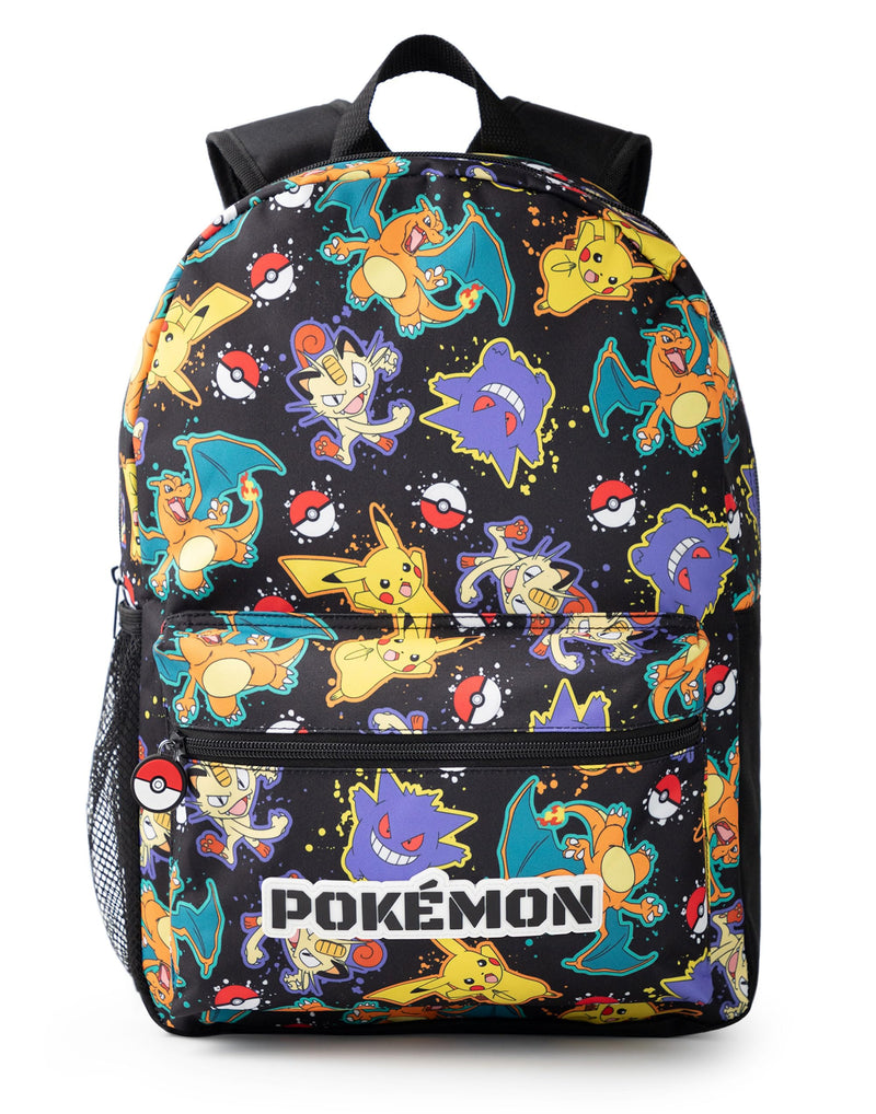 Pokémon Pikachu Charizard Gengar Meowth Backpack in Black | Kids Character All Over Print Bag | Adjustable Shoulder Straps