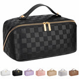 ALEXTINA Large Capacity Travel Cosmetic Bag - Portable Makeup Bags for Women Travel Toiletry Bag Waterproof Leather Checkered Makeup Organizer Bag for Travel Essentials, Open Flat Make up Bag, Black