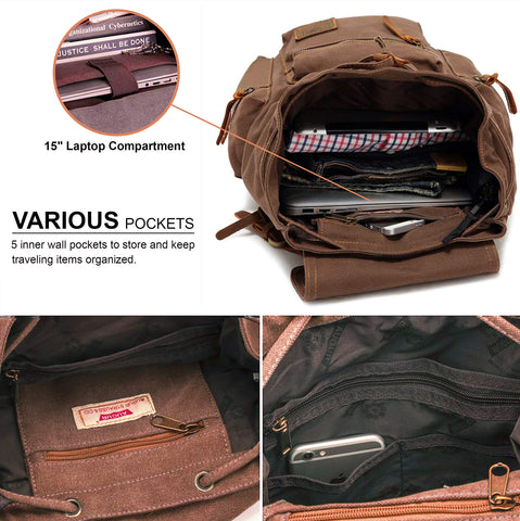 HuaChen Vintage Canvas Travel Backpack with Leather Trim, Laptop Padded Sleeve, Hidden Back Security Pocket, Fits 14-Inch, M32 Coffee