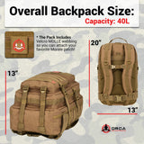 ORCA 40L Military Tactical Backpack for Men - 3 Days Out Rucksack Molle Bag for Camping & Hiking - Heavy Duty Survival Backpack Waterproof with Molle Attachments.