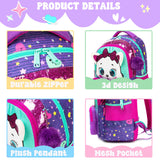 Meetbelify Kids School Backpacks for Girls Cute Cat Backpack with Lunch Bag for Elmentary Students Kids Travel Bookbag for Girls Age 6-12 Purple