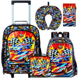 HPJGD 5PCS Boys Suitcase Set, Kids Water-Resistant Rolling Luggage, Cool Car Racing Travel Carry-On for Elementary/Preschool Toddler