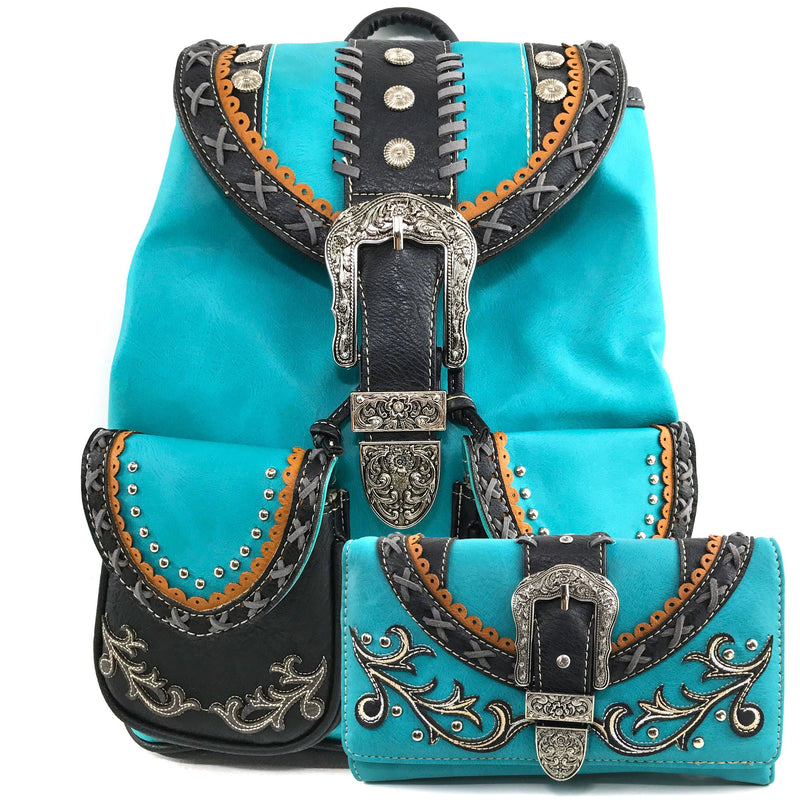 Justin West Trendy Western Rhinestone Leather Conceal Carry Top Handle Backpack Purse (Western Turquoise Backpack Wallet Set)