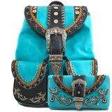 Justin West Trendy Western Rhinestone Leather Conceal Carry Top Handle Backpack Purse (Western Turquoise Backpack Wallet Set)