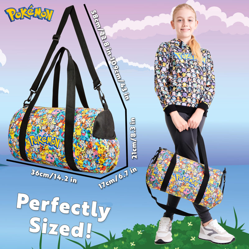 Pokemon Pikachu Duffel Kids Travel Bag - Gym Sports Overnight Holdall with Adjustable Strap & Pockets