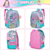 Meetbelify Backpacks for Girls Backpacks for Elementary Preschool Students Kids School Backpack with Lunch Box Gift Package (Blue Mermaid)