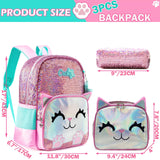 Meetbelify Cute Backpack for Girls Pink Cat School Backpacks Kids Sequin Bookbag for Elementary Kindergarten Students with Lunch Box Pencil Case for Girls 5-12 Years Old