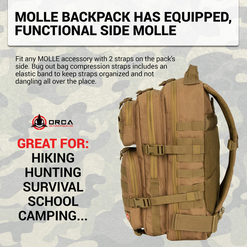 ORCA 40L Military Tactical Backpack for Men - 3 Days Out Rucksack Molle Bag for Camping & Hiking - Heavy Duty Survival Backpack Waterproof with Molle Attachments.