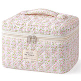 HBselect Large Quilted Makeup Bag, Cute Cotton Travel Cosmetic Bag with Handle, Gifts for Bridesmaids, Portable Coquette Floral Make up Bags, Toiletry Organizer Cosmetic Bags for Women