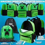 Minecraft Boys Backpack 5 Pc Gift Set with Creeper School Bookbag, Lunch Bag, Pencil Case, Water Bottle and Travel Daypack (Green)