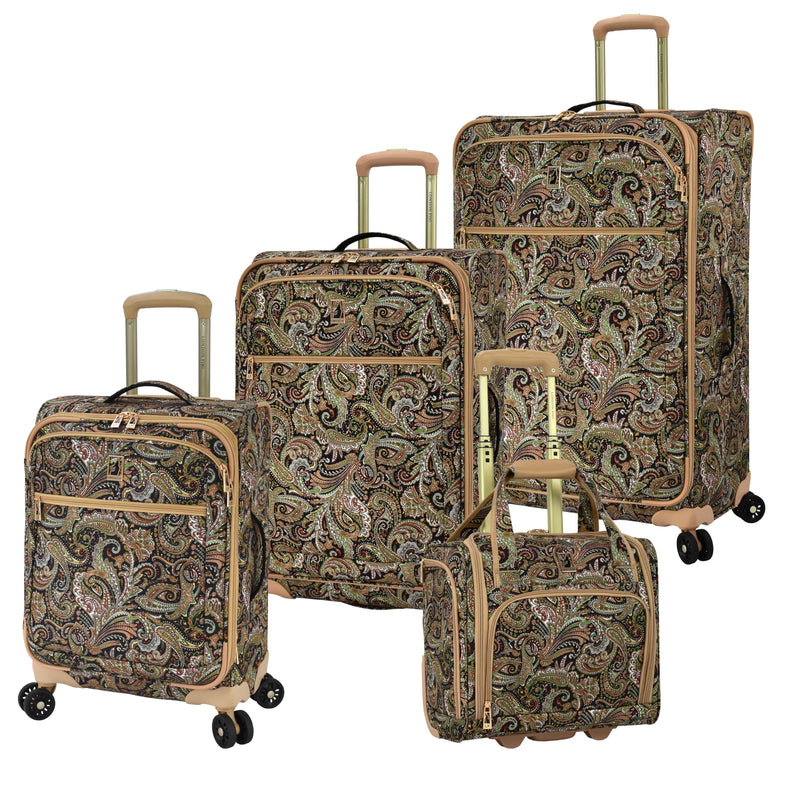 London Fog Mayfair 4 Piece Luggage Set Softside Suitcases (USB, 20, 25 & 29), Black Sand Paisley