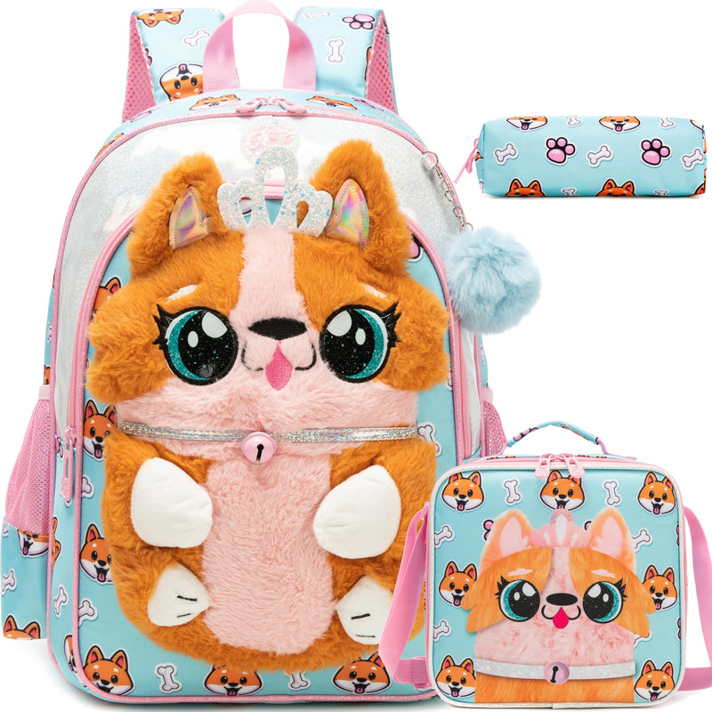 Meetbelify Kids Backpacks for Girls School Backpack with Lunch Bag Pencil Case for Elementary Student 3D Carton Plush Kids Travel School Bag for Girls Ages 6-8 Years Old