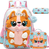 Meetbelify Kids Backpacks for Girls School Backpack with Lunch Bag Pencil Case for Elementary Student 3D Carton Plush Kids Travel School Bag for Girls Ages 6-8 Years Old