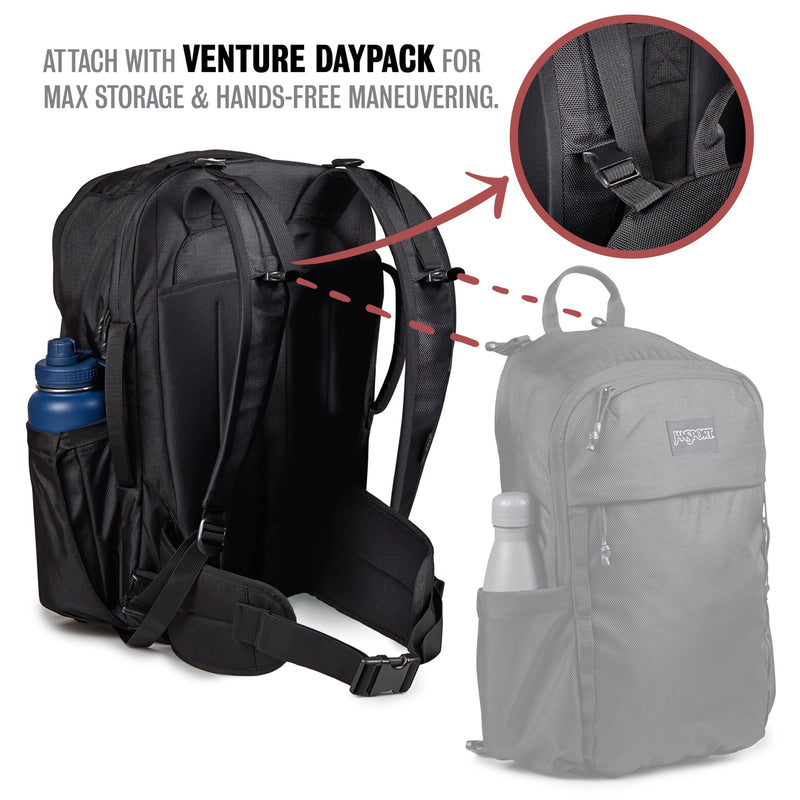 JanSport Venture Daypack – Travel Pack With Large Main Compartment, Padded Laptop Sleeve, Dual Water Bottle Pockets, and Attachment Buckles, Black