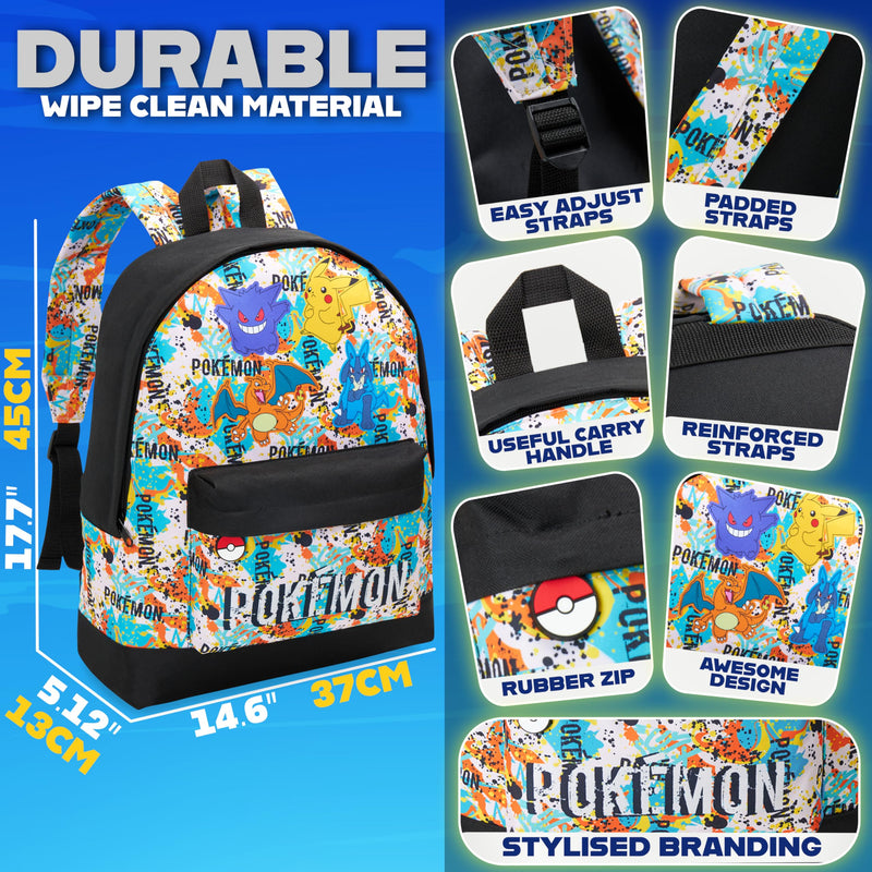 Pokemon Backpack for Kids Teens Boys Girls, Pikachu Anime Backpacks, Bag for Daycare Sports Vacation Travel, School Gift (Multi Graffiti)