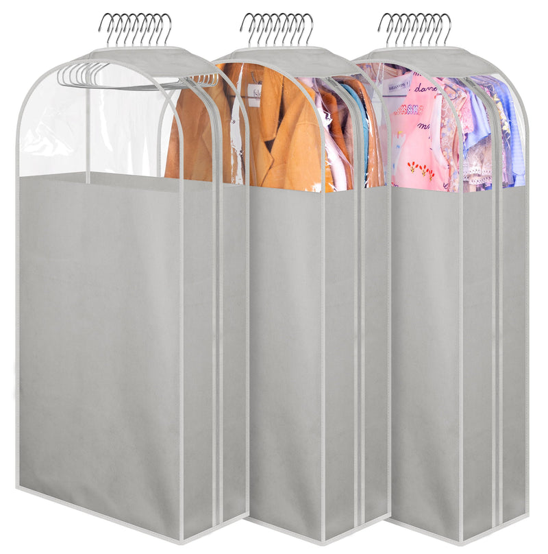 MISSLO 10" Gusseted Garment Bags for Hanging Clothes 40" Clear Suit Bags for Closet Storage Suits Cover Coat Protector, 3 Packs, Grey