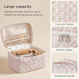 HBselect Large Quilted Makeup Bag, Cute Cotton Travel Cosmetic Bag with Handle, Gifts for Bridesmaids, Portable Coquette Floral Make up Bags, Toiletry Organizer Cosmetic Bags for Women