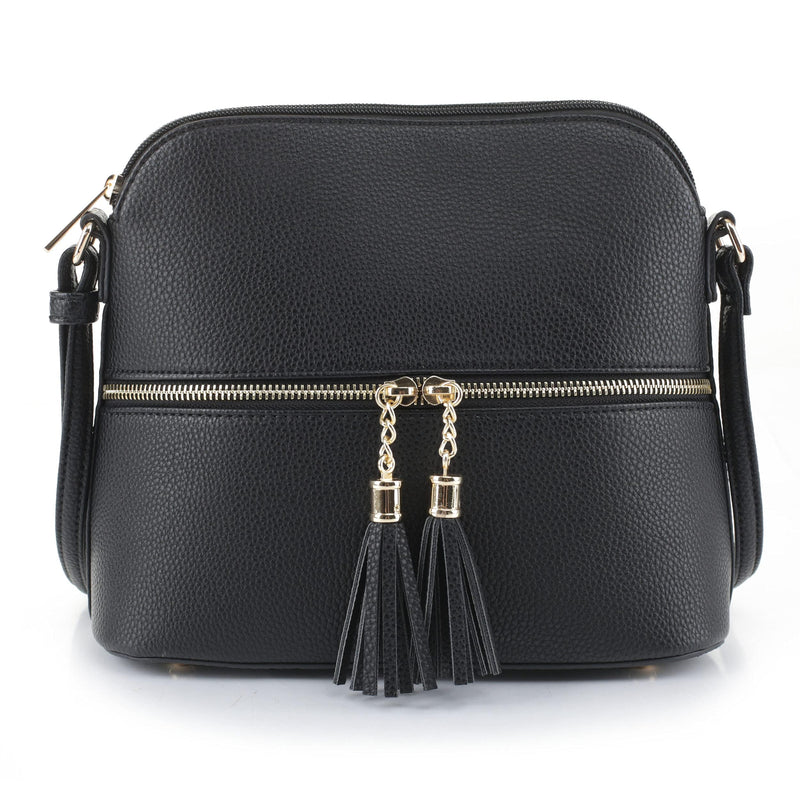 SG SUGU Lunar Lightweight Medium Dome Crossbody Bag Shoulder Bag with Double Tassels | Zipper Pocket | Adjustable Strap|Black | Backpacks4Less