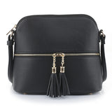 SG SUGU Lunar Lightweight Medium Dome Crossbody Bag Shoulder Bag with Double Tassels | Zipper Pocket | Adjustable Strap|Black | Backpacks4Less
