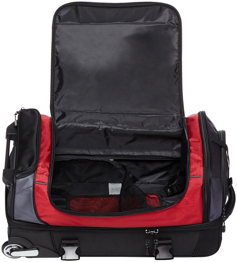 Amazon Basics Ripstop Wheeled Duffel Bag with Multi-Pocket Design, Portable, 30", Red