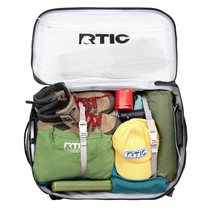 RTIC Ultra Dry Duffle Pack, Waterproof Outdoor Backpack Floating Bags for Hiking, Travel, Camping, Boating, Backpacking, 60L, Olive & Orange