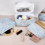 Gosect 3pc Makeup Bag Set, Quilted Makeup Bag Set, Large Floral Cosmetic Bag for Women, Cute Cotton Makeup Bags, Flower Travel Toiletry Organizer Bag (Pink Crushed flower)