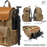 Padwa Lifestyle Khaki Camera Backpack - Waxed Memory Canvas Camera Bag, Multi DSLR SLR Large Camera Backpacks for Photographers with 16” Laptop & Lens Compartment and Tripod Holder & Weather Resistant