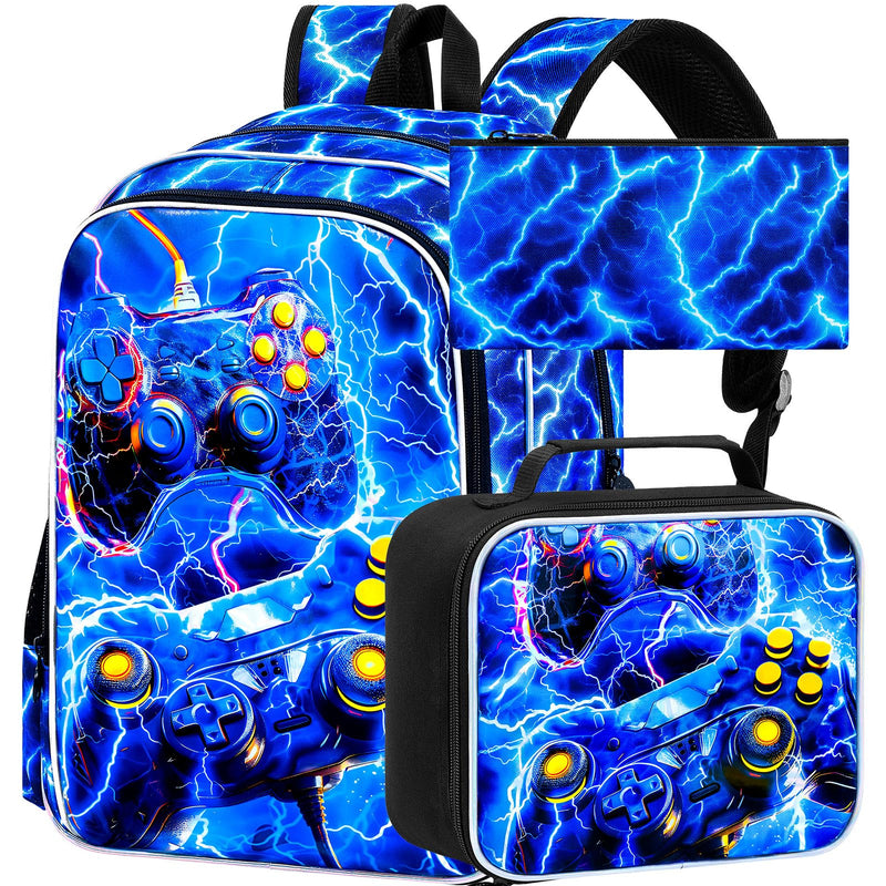 FTJCF 17" Gamer Backpack, Boys Lightning Kids Bookbag with Lunch Box, 3Pcs School Backpacks for Elementary Preschool Kindergarten (Blue)