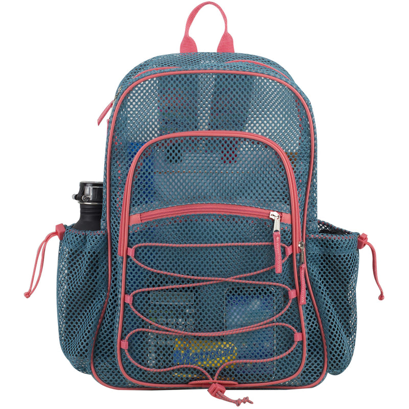 Eastsport Heavy Duty Mesh Backpack with Comfort Padded Straps and Adjustable Bungee for Work, Sports, Beach, College and Security, Coral Turquoise