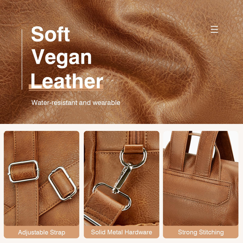 Marvolia PU Leather Backpack for Women - Vintage Womens Backpacks with Wristlet Convertible Crossbody Shoulder Bag for Daily Use Work Party - Brown