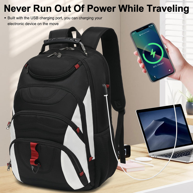 Boavan Laptop Backpack for men, 17.3 inch Laptop Bag with USB Port, Waterproof Travel Work Backpack Purse, Anti-Theft Teacher Nurse Doctor Casual Bookbags Office Business backpack，White