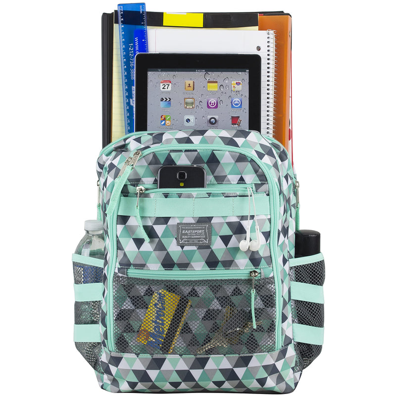 Eastsport Travel College Laptop Lunch Backpack Bookbag, Reusable Insulated Food Snack Cooler Lunchbox Set, for Work, Outdoor, Turquoise Diamonds Geometric Pastel Print