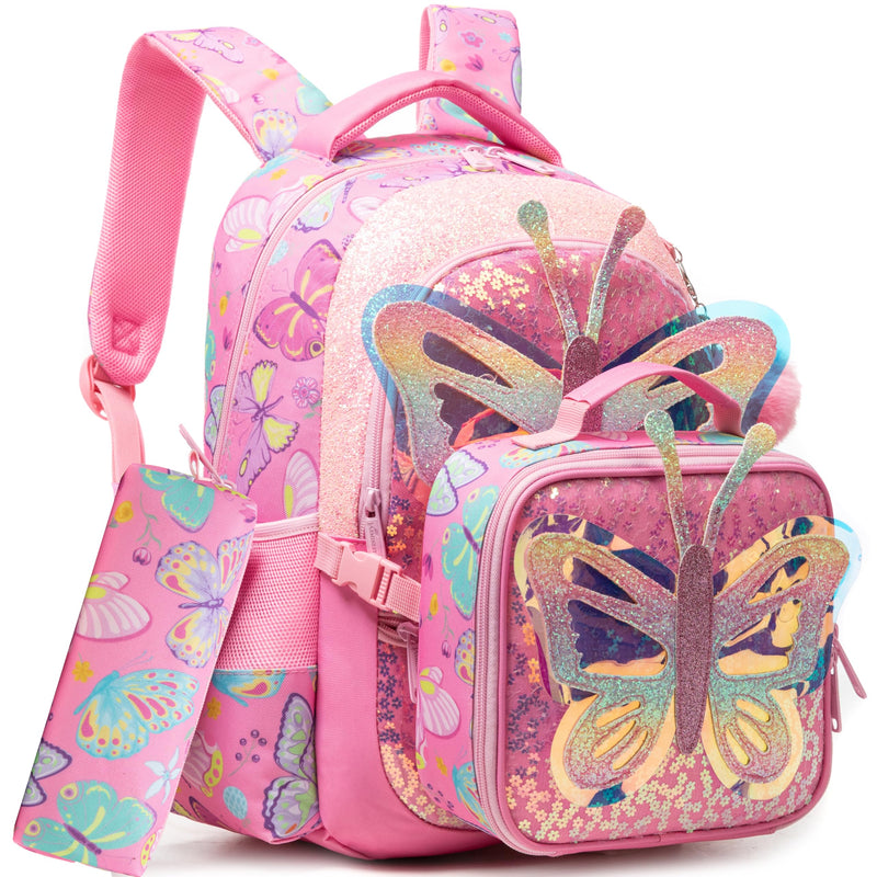 Meetbelify Backpacks for Girls School Backpacks with Lunch Box Pencil Case for Elementary Students Ages 8-10 Kids Travel Backpack 3 in 1 Backpack Set for Girls Butterfly