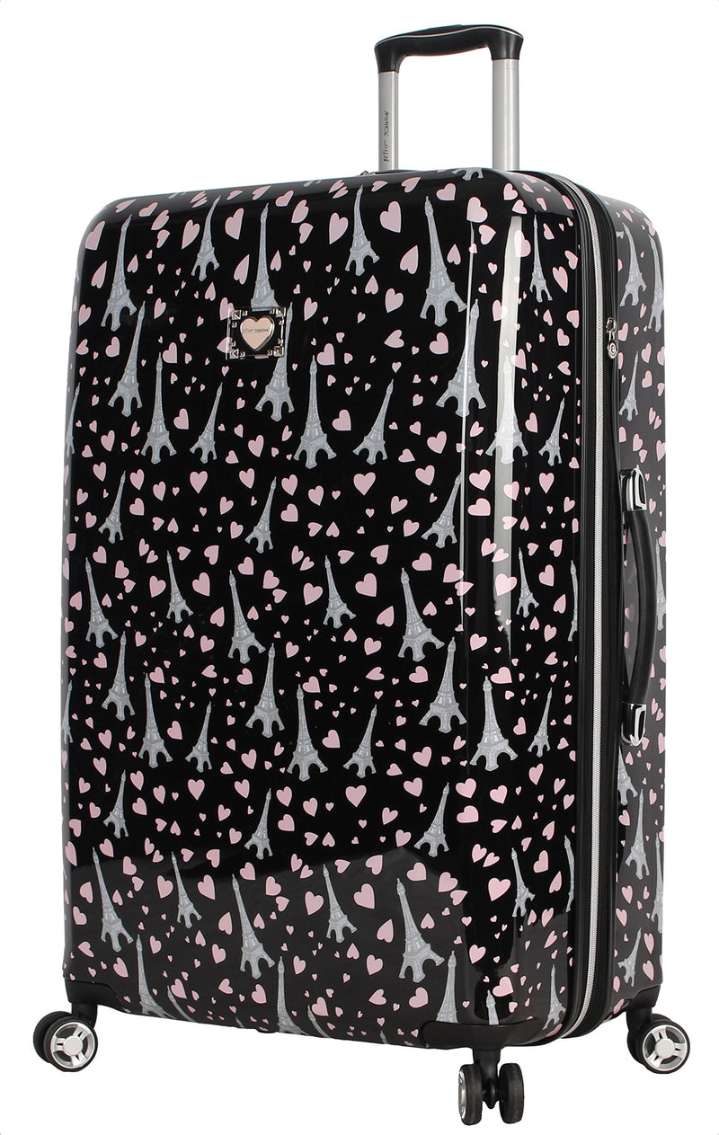 Betsey Johnson 30 Inch Checked Luggage Collection - Expandable Scratch Resistant (ABS + PC) Hardside Suitcase - Designer Lightweight Bag with 8-Rolling Spinner Wheels (Paris Love)