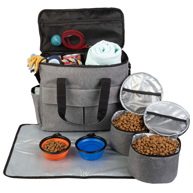 Dog Travel Bag - Cat and Dog Storage Organizer with Pockets, Mat, 2 Food Containers, and 2 Large Collapsible Travel Dog Bowls by PETMAKER (Gray)