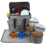 Dog Travel Bag - Cat and Dog Storage Organizer with Pockets, Mat, 2 Food Containers, and 2 Large Collapsible Travel Dog Bowls by PETMAKER (Gray)