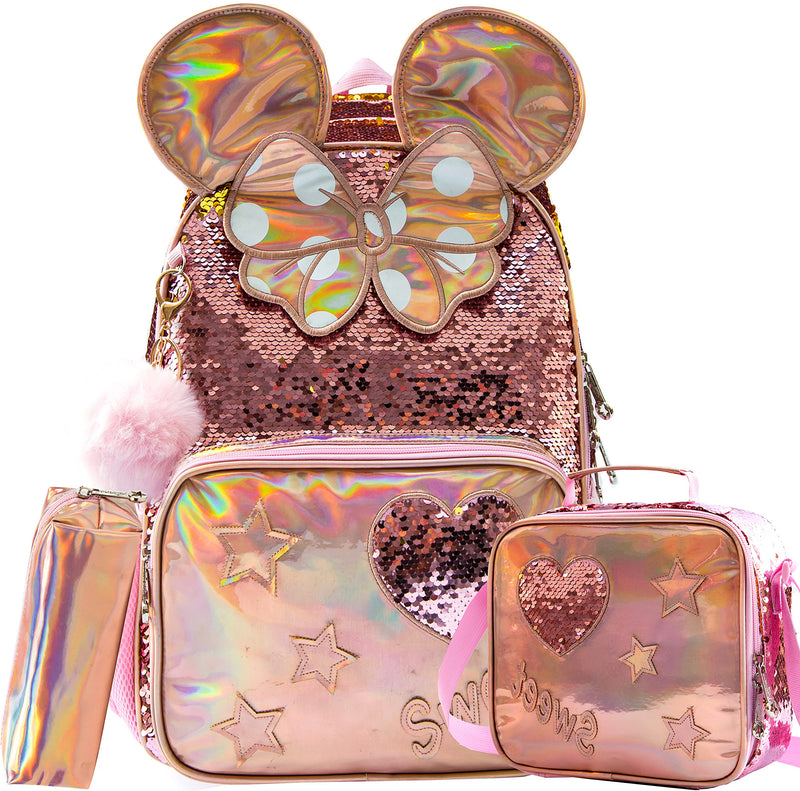 Meetbelify Backpack for Girls 16" 3pcs School Backpacks with Lunch Box for Elementary Students Travel Sequin Backpack