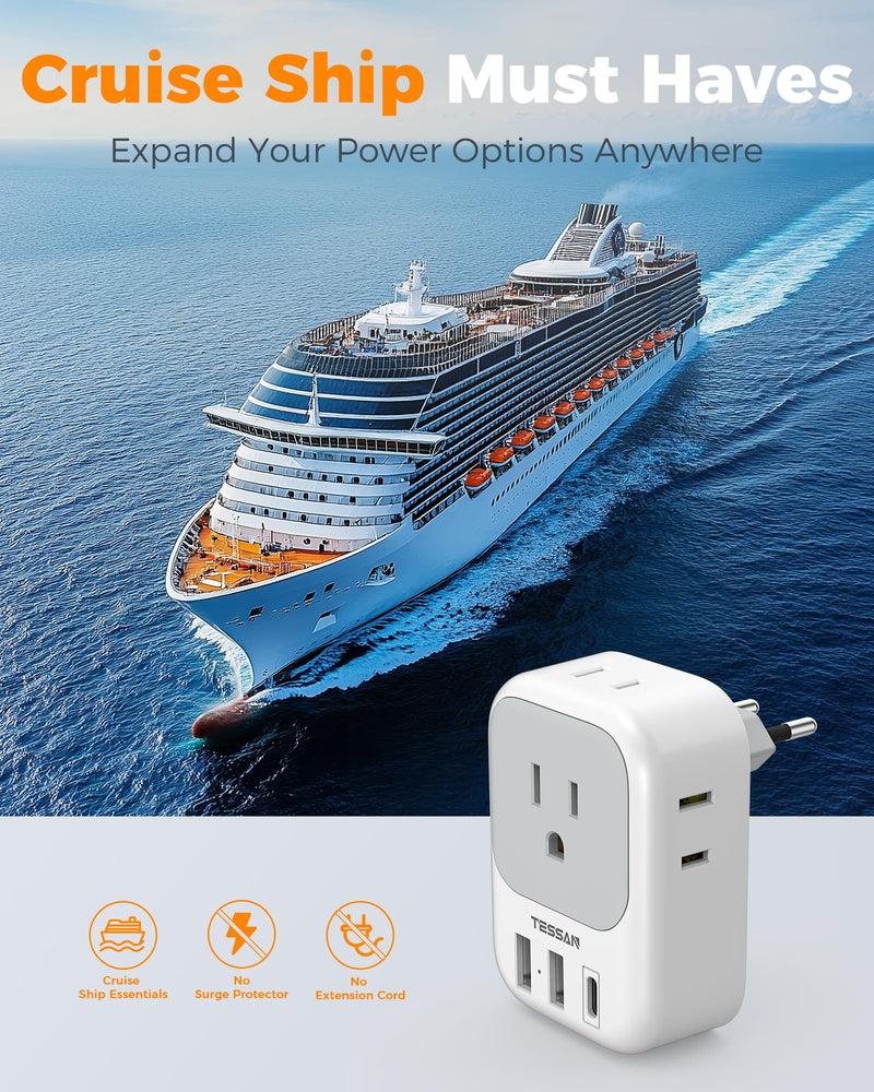 European Travel Plug Adapter USB C, TESSAN International Plug Adapter with 4 AC Outlets 3 USB Charging Ports, Type C Europe Power Adaptor for US to EU France Germany Iceland Spain Italy
