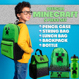 Minecraft Boys Backpack 5 Pc Gift Set with Creeper School Bookbag, Lunch Bag, Pencil Case, Water Bottle and Travel Daypack (Green)