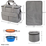 Dog Travel Bag - Cat and Dog Storage Organizer with Pockets, Mat, 2 Food Containers, and 2 Large Collapsible Travel Dog Bowls by PETMAKER (Gray)