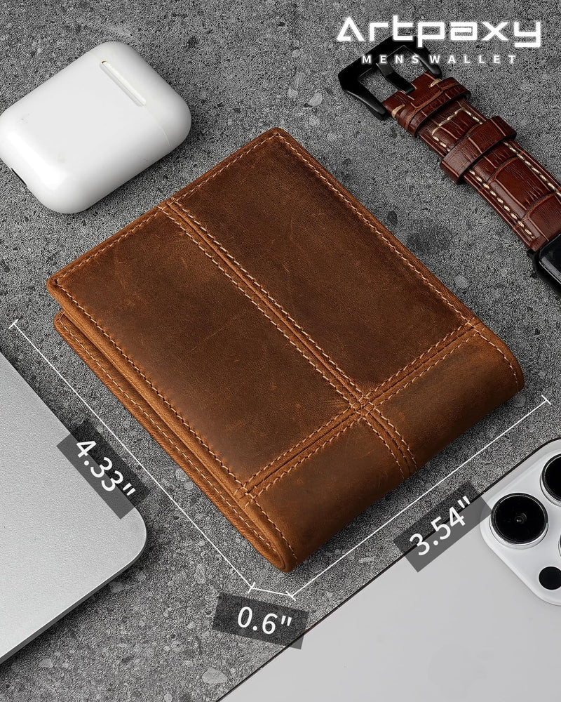 Artpaxy Mens Wallet Bifold Genuine Leather RFID Blocking Wallet for Men with 1 ID Window 13 Card Holders 2 cash pockets 1 Gift Box
