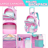 Meetbelify Pink Backpack with Wheels for Kids - Cute Carry On with Lunch Box & Pencil Case for Elementary Students - Travel Suitcase for Girls 8-10