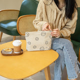 Makeup Bag For Women - Corduroy Cosmetic Bags Aesthetic Design Ladies Tote pouch Women's Pencil Case,Cute Smiley Face Makeup Organizer with Zipper (Beige)