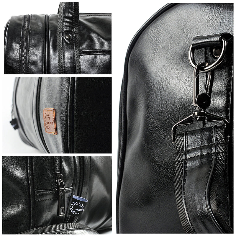 Leather Travel Bag with Shoe Pouch, Waterproof Weekender Overnight Bag, Carry On Duffel Bag for Men Women-Black
