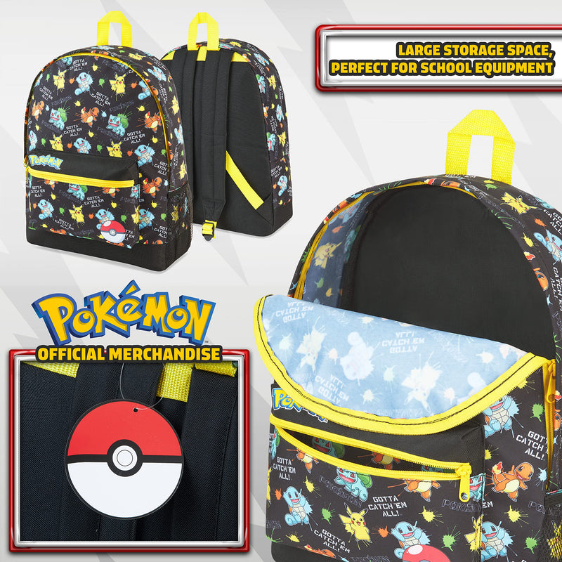 Pokemon Backpack for Kids Teens Boys Girls, Pikachu Anime Backpacks, Bag for Daycare Sports Vacation Travel, School Gift (Black AOP)