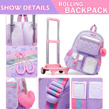 Meetbelify Girls Rolling Backpack with Wheels - Cute Kawaii Carry On Backpack for Elementary Students - Purple
