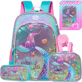 Meetbelify Backpacks for Girls Backpacks for Elementary Preschool Students Kids School Backpack with Lunch Box Gift Package (Blue Mermaid)