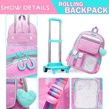 Meetbelify Pink Backpack with Wheels for Kids - Cute Carry On with Lunch Box & Pencil Case for Elementary Students - Travel Suitcase for Girls 8-10