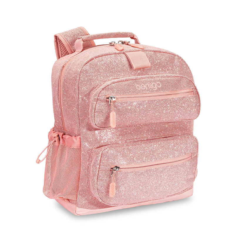 Bentgo Kids Glitter Backpack - Lightweight 14” Backpack for School, Travel & Daycare, Ideal for Ages 4+, Durable & Water-Resistant, Roomy Interior, & Loop for Lunch Bag (Glitter Edition - Petal Pink)
